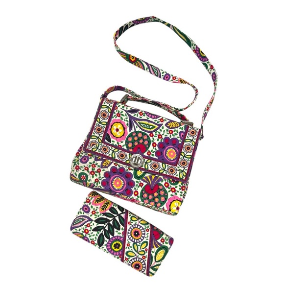 Vera Bradley Buttercup Julia Turnlock Crossbody Bag Purse Boho Wallet Floral - Picture 1 of 10